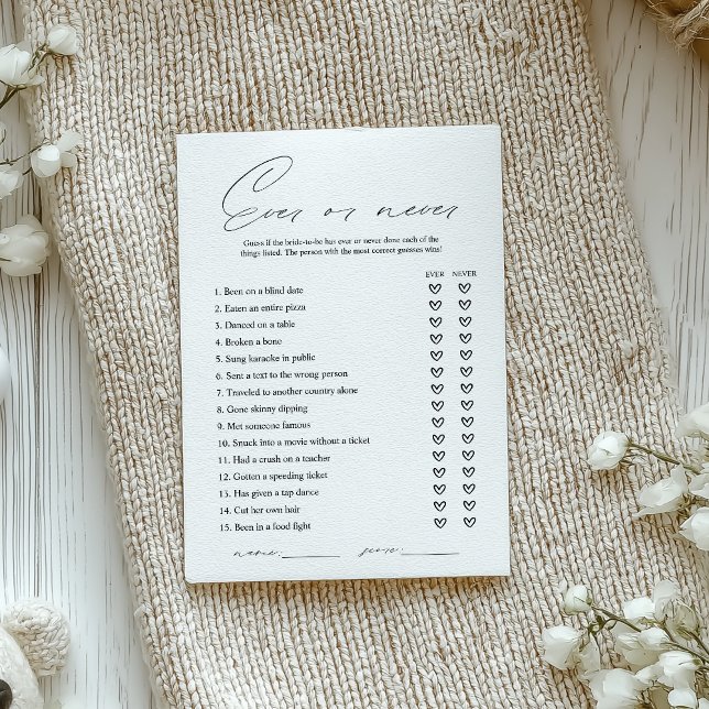 Elegant Ever or Never Bridal Shower Game Card (Creator Uploaded)