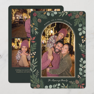 Elegant Evergreen Botanical Family Photos Holiday Card