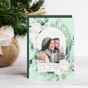 Elegant Evergreen & Cotton Flowers Arch Photo Save The Date