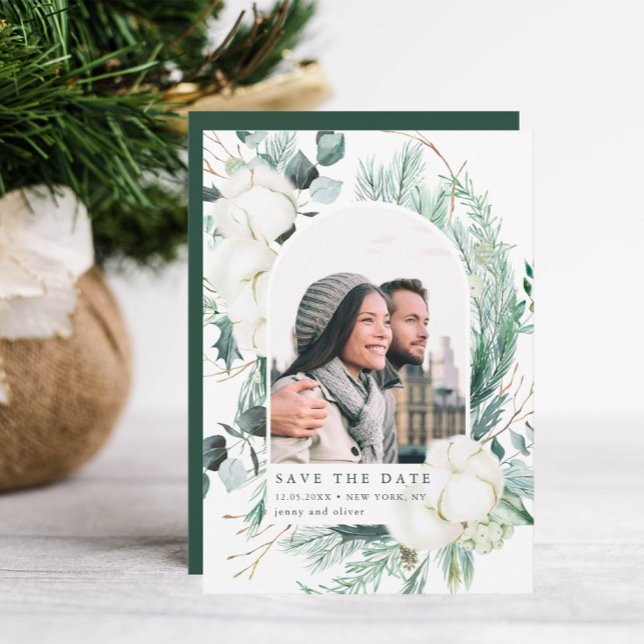 Elegant Evergreen & Cotton Flowers Arch Photo Save The Date (Creator Uploaded)