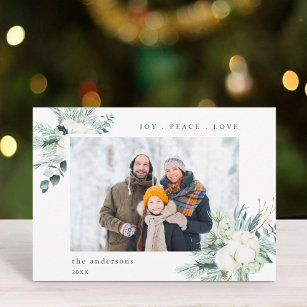 Elegant Evergreen & Cotton Flowers Joy Peace Love  Holiday Card