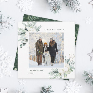 Elegant Evergreen & Cotton Flowers Photo Square Holiday Card