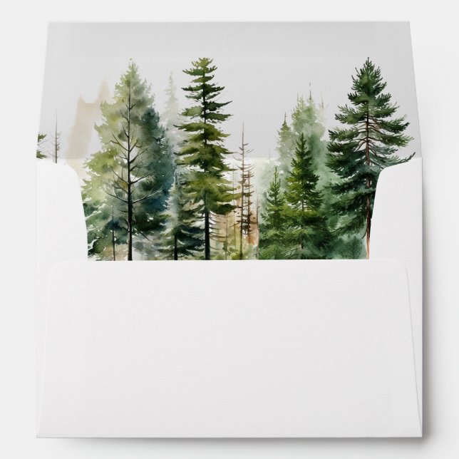 Elegant evergreen pine trees wedding envelope (Back (Bottom))
