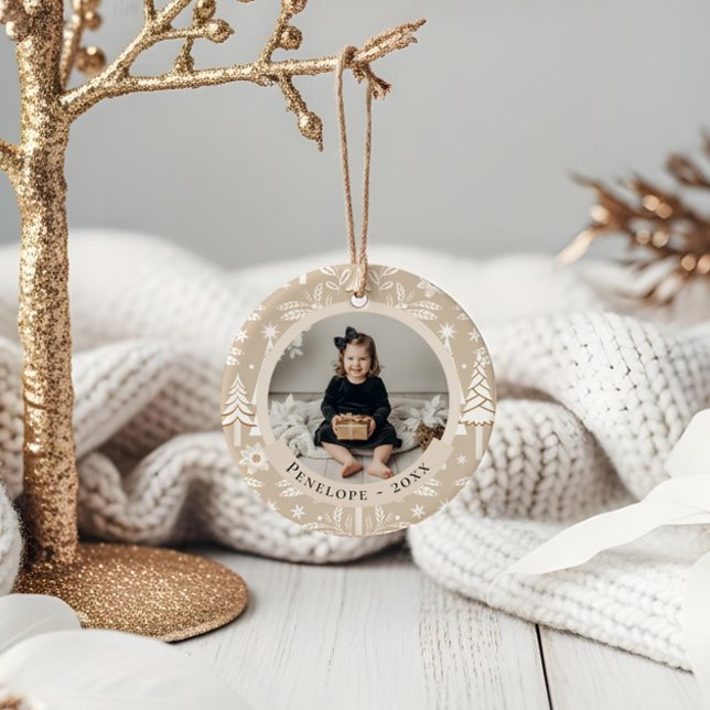 Elegant Evergreen Trees & Floral Photo Christmas Ceramic Ornament (Elegant Evergreen Trees & Floral Photo Christmas Ceramic Ornament)