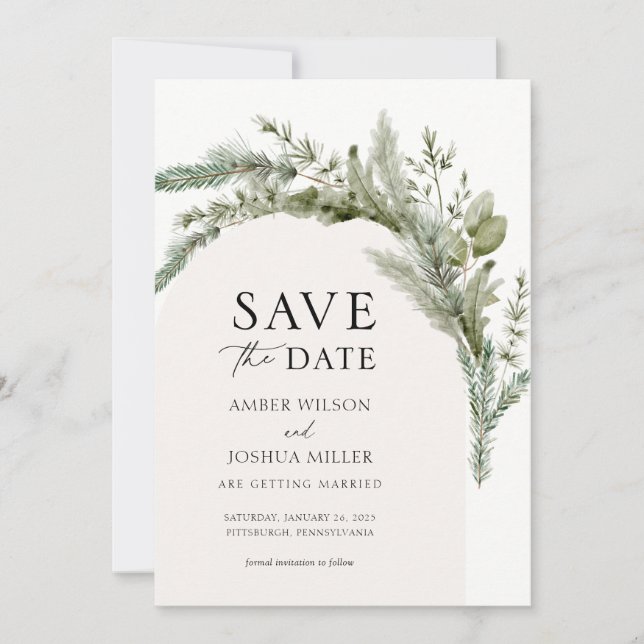 Elegant Evergreen Winter Wedding Save the Date Invitation (Front)