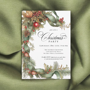 Elegant Evergreens and Ribbons Christmas Party Invitation