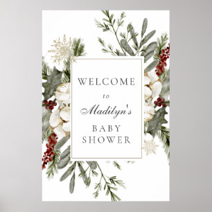 Elegant Evergreens and Winter Florals Baby Welcome Poster