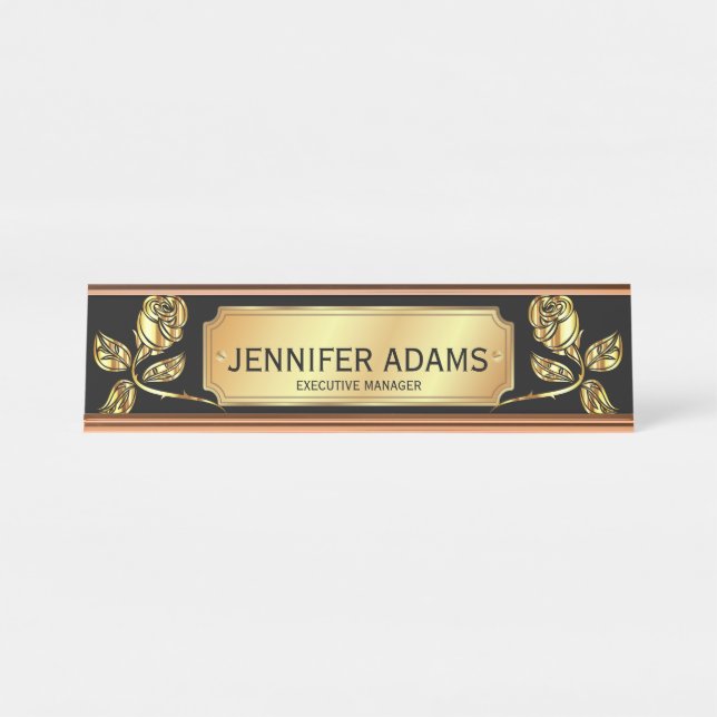 Elegant Executive Manager Gold Rose Flower  Desk Name Plate (Front)