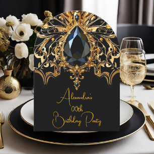 Elegant Exotic Birthday Black Gold Jewel Butterfly Invitation