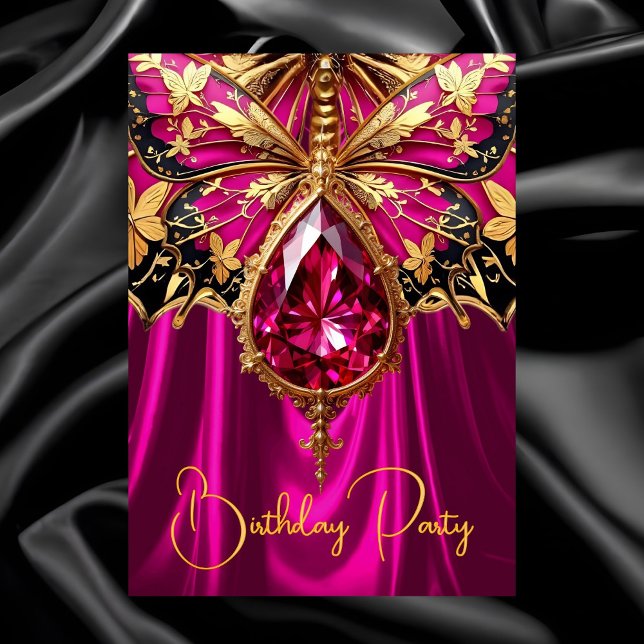 Elegant Exotic Birthday Hot Pink Gold Jewel Invitation (Creator Uploaded)
