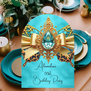 Elegant Exotic Birthday Teal Gold Jewel Butterfly Invitation