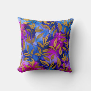 Elegant Exotic Gold Leaves Abstract Purple Blue Cushion