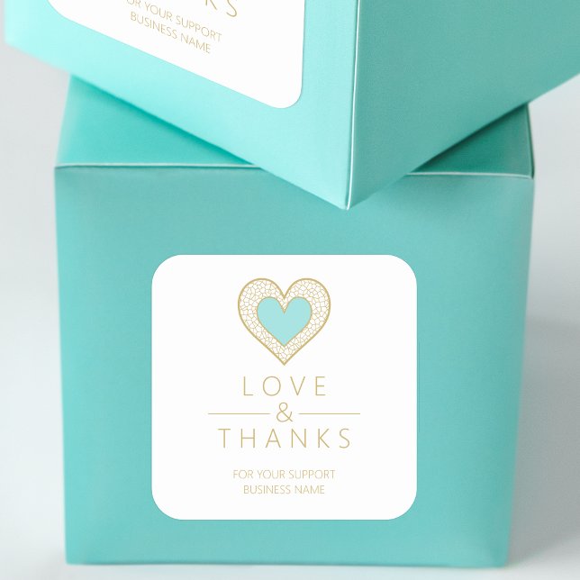 Elegant Exquisite Chic Aquamarine Golden Heart Square Sticker (Exquisite Chic Aquamarine Fake Golden Heart Lace Effect Love & Thanks Supporting Small Business )