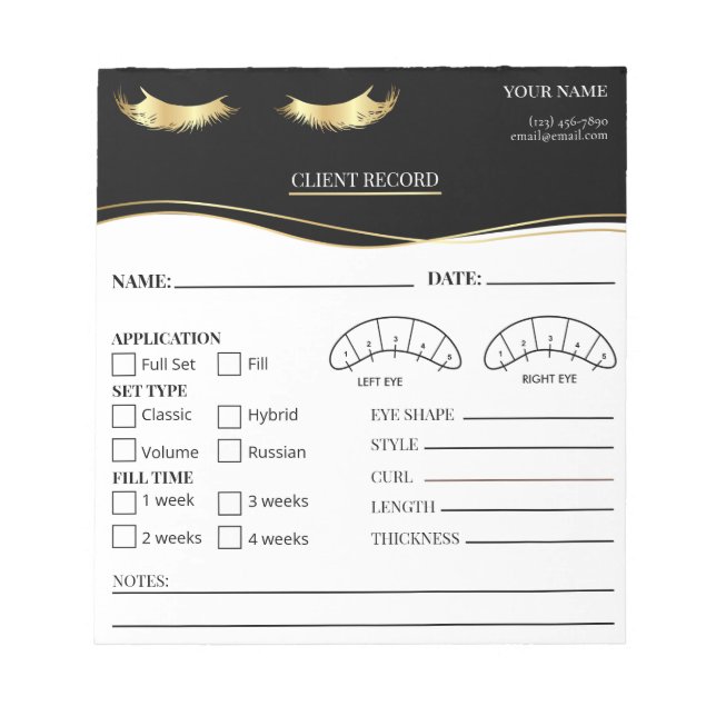Elegant Eyelash Client Record Form Notepad (Front)