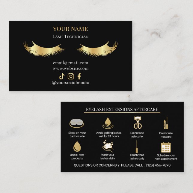 Elegant Eyelash Extensions Lash Aftercare Business Card (Front/Back)