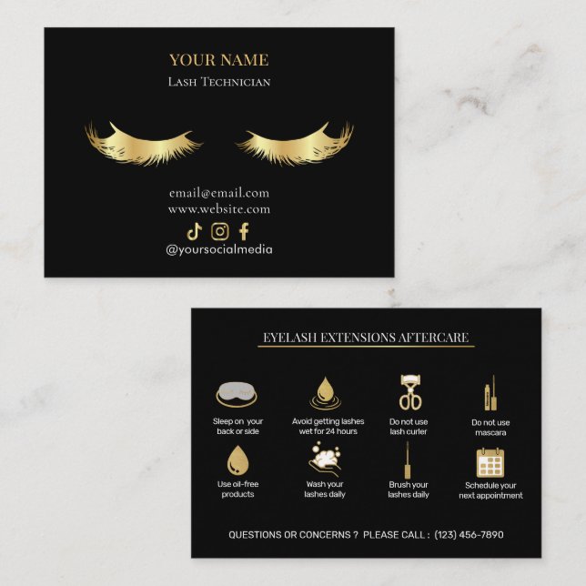 Elegant Eyelash Extensions Lash Aftercare Business Card (Front/Back)