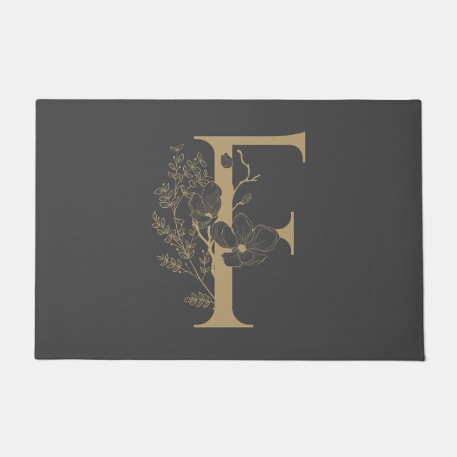 Elegant F Boho Floral Monogram Initial Grey Gold Doormat (Front)