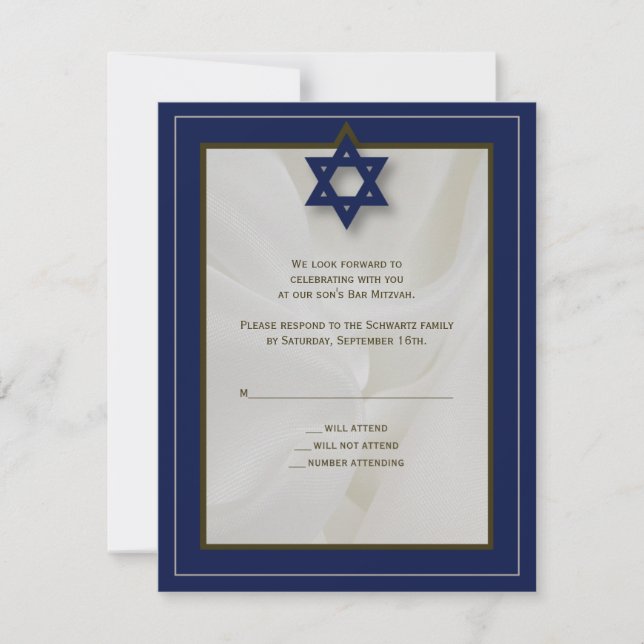 Elegant Fabric Bar Mitzvah Reply Card in Navy (Front)