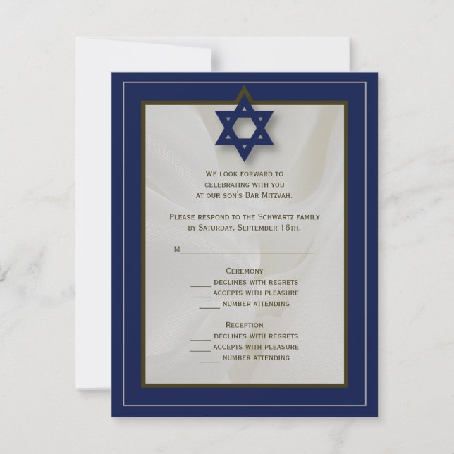 Elegant Fabric Bar Mitzvah RSVP Reply Card in Navy (Front)