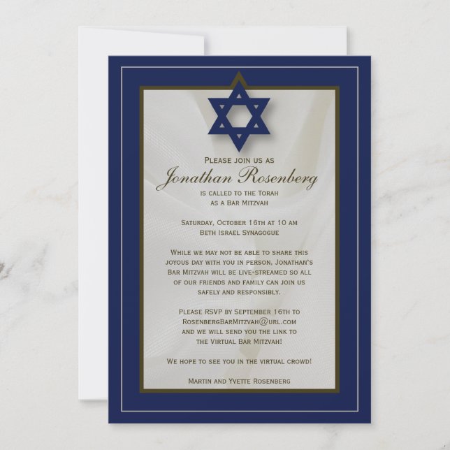 Elegant Fabric Zoom Bar Mitzvah Invitation in Navy (Front)