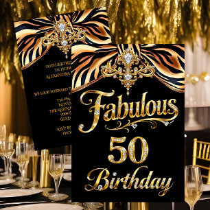 Elegant Fabulous 50 Birthday Black Gold Zebra Bow Invitation