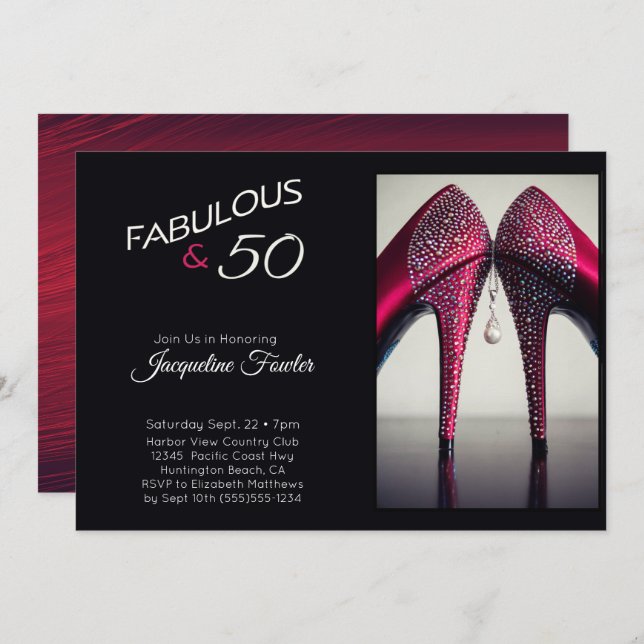 Elegant  Fabulous 50 High Heels Red Glam Sparkle Invitation (Front/Back)
