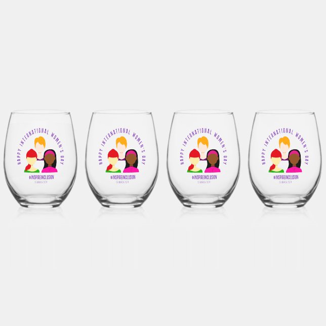 Elegant Faces International Women's Day March 8 Stemless Wine Glass (Front)