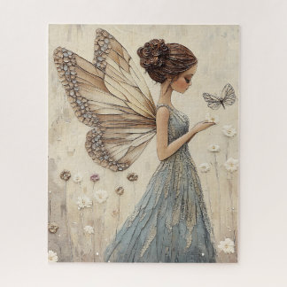 Elegant Fairy & Butterfly Mosaic Fantasy in Blue Jigsaw Puzzle