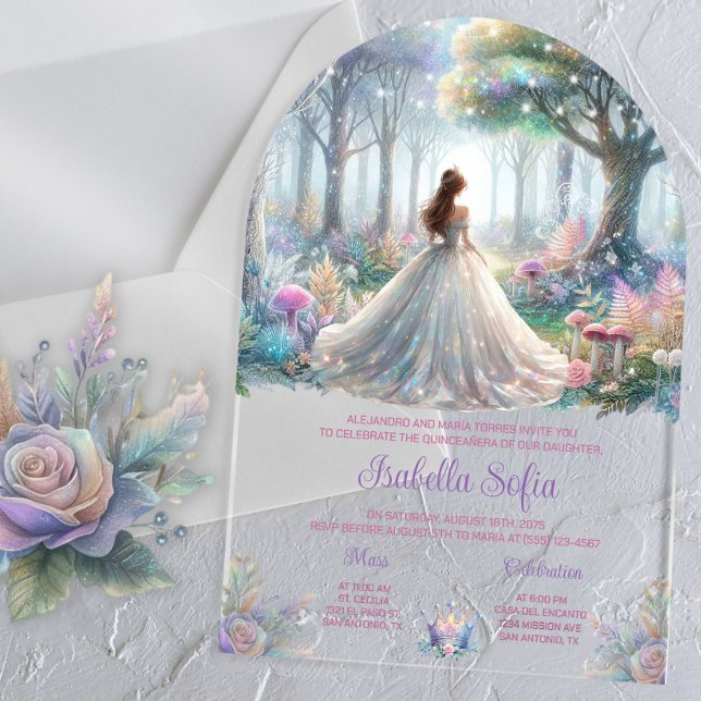 Elegant Fairytale Forest Quinceañera Acrylic Invitations (Elegant fairytale enchanted forest acrylic Quinceaneara invite. Simply add your details. Any event.)