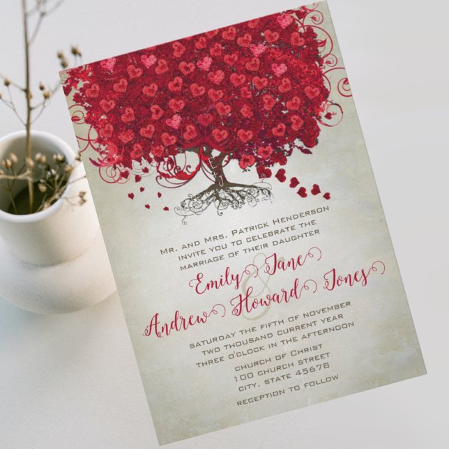 Elegant Fairytale Red Heart Leaf Tree Wedding  Invitation (Creator Uploaded)