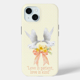 Elegant Faith Peach Floral Bow Dots White Doves iPhone 15 Case