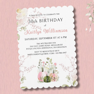 Elegant Fall 30th Birthday Pink Pumpkin Floral Invitation