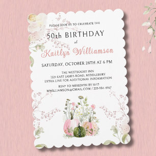 Elegant Fall 50th Birthday Pink Pumpkin Floral Invitation
