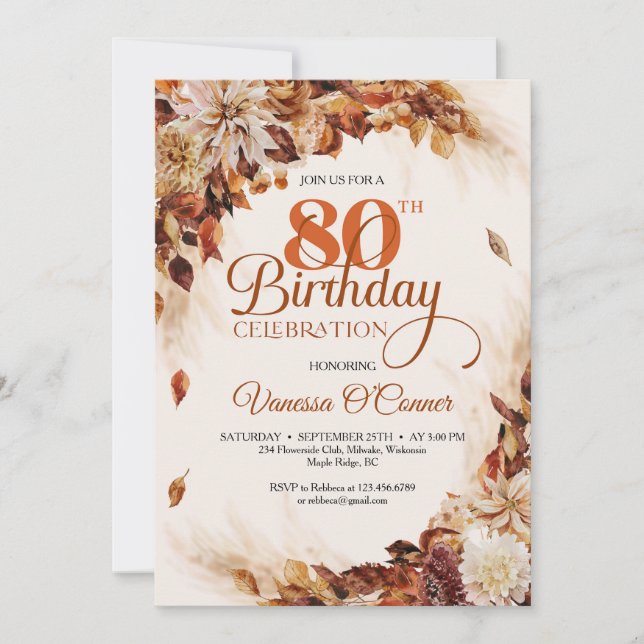 Elegant fall and autumn burnt orange floral leaves invitation (Front)