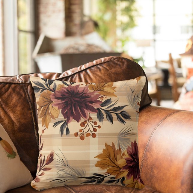 Elegant Fall Autumn Floral Plaid Cushion (Creator Uploaded)
