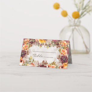 Elegant Fall Autumn Orange Burgundy Wedding  Place Card
