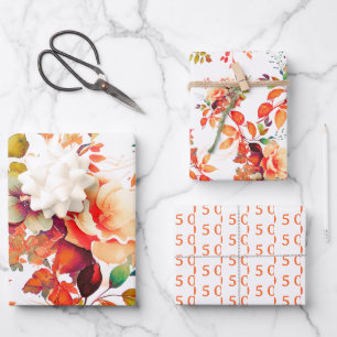 Elegant Fall Autumn Watercolor Floral 50 Birthday Wrapping Paper Sheet
