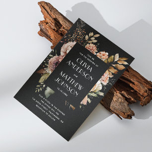 Elegant fall black floral wedding QR code details Invitation