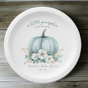 Elegant Fall Blue Pumpkin Floral Boy Baby Shower Paper Plate