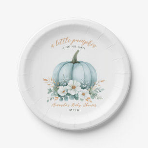 Elegant Fall Blue Pumpkin Floral Boy Baby Shower Paper Plate
