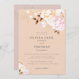 Elegant Fall Blush Orange Floral Wedding Invitation