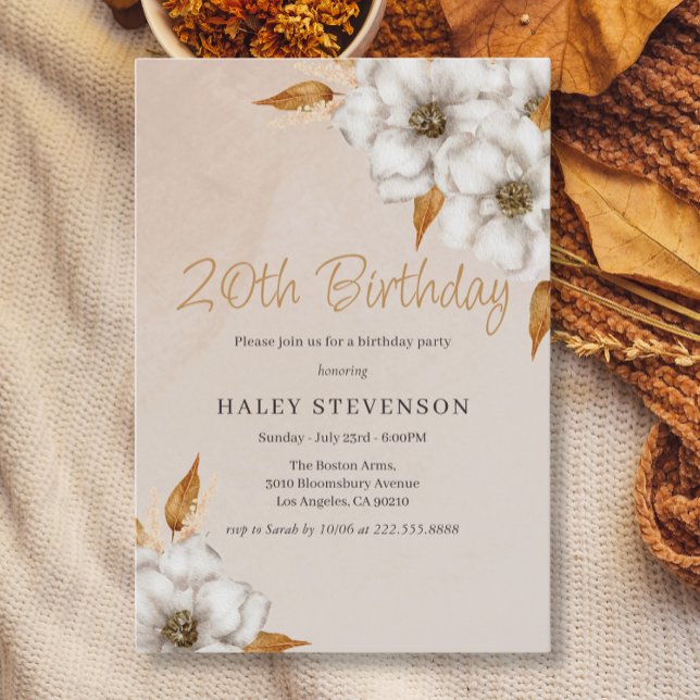 Elegant Fall Boho Chic Floral 20th Birthday Party Invitation (Creator Uploaded)