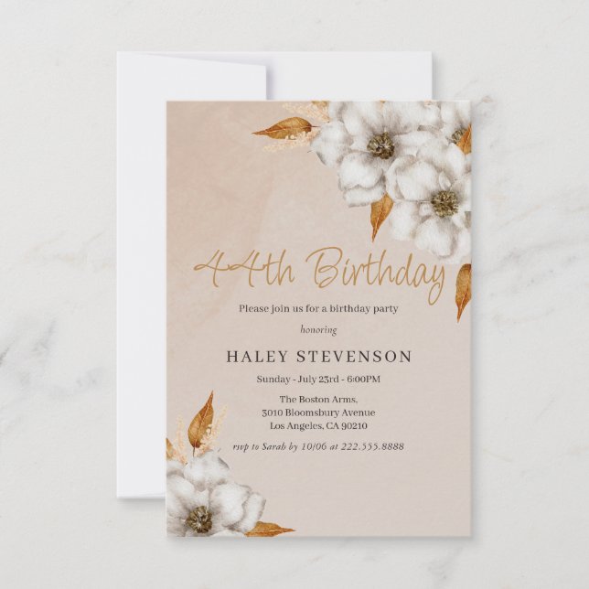 Elegant Fall Boho Chic Floral 44th Birthday Party Invitation (Front)