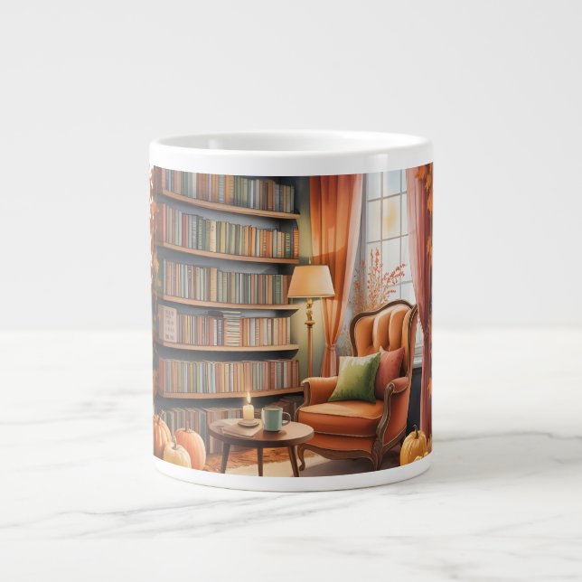 Elegant Fall Bookshelf MUG — Cozy Curtain (Front)