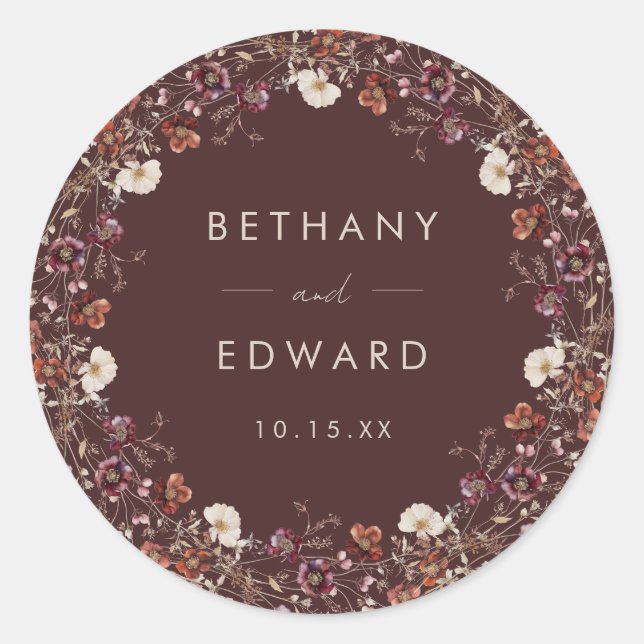 Elegant Fall Brown Floral Wedding Classic Round Sticker (Front)