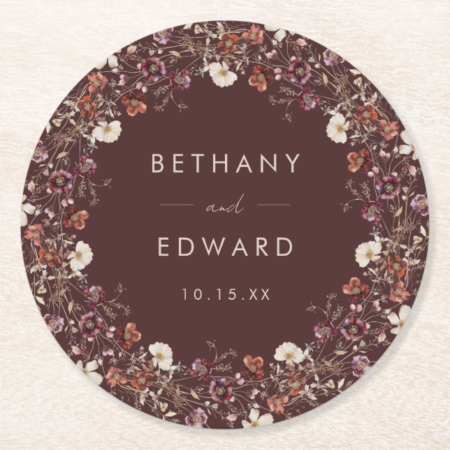 Elegant Fall Brown Floral Wedding Round Paper Coaster (Front)