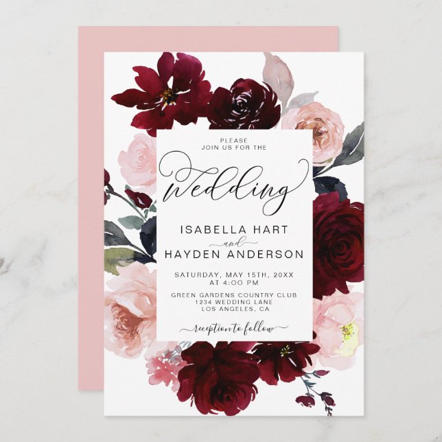 Elegant Fall Burgundy Blush Floral The Wedding Invitation (Front/Back)