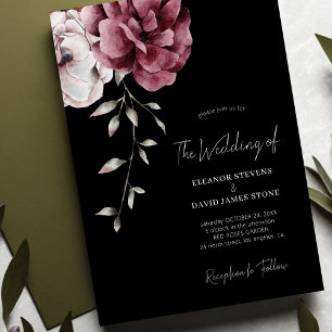 Elegant fall burgundy floral moody black wedding invitation