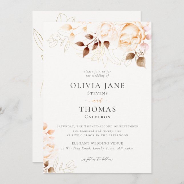 Elegant Fall Burnt Orange Floral Wedding Invitation (Front/Back)