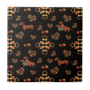Elegant Fall Dachshund Pattern: Autumn Blooms Ceramic Tile